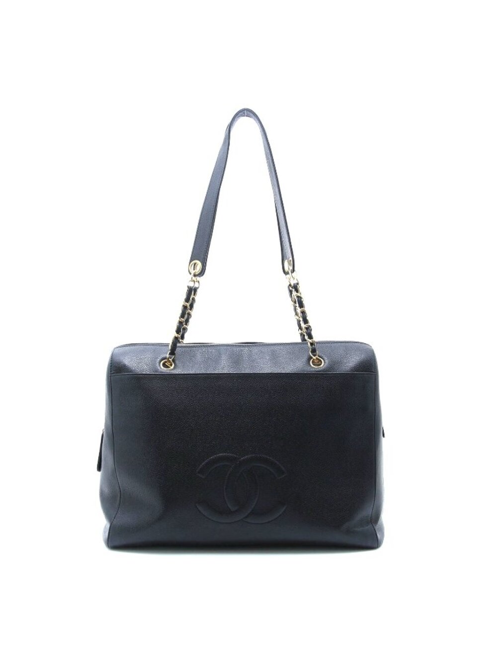 Chanel CC Logo Chain Shoulder Black Caviar Tote Bag
